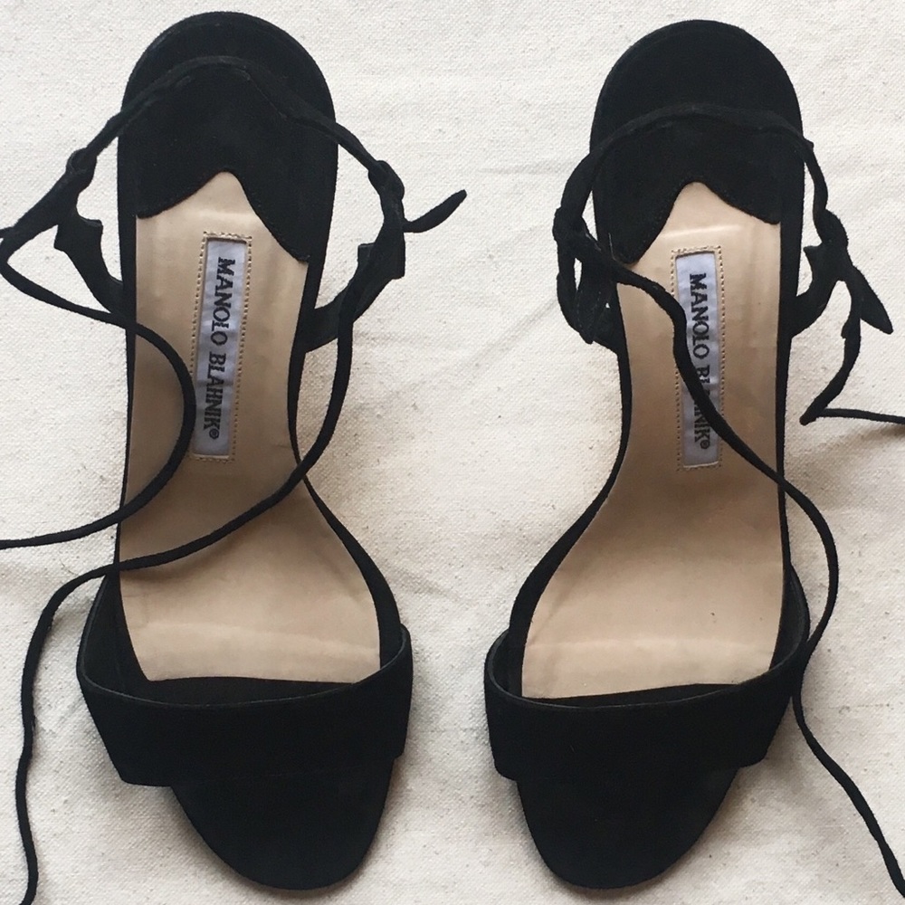 Manolo Blahnik Suede Lace-Up Sandals Black Size 39 - Picture 2 of 6